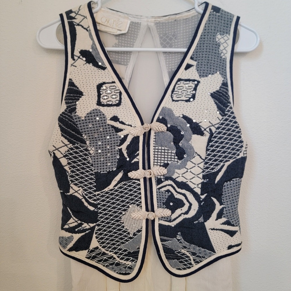 Cache Vintage Tapestry Vest Jumpsuit One Piece 80S Rhinestone Studded Mesh Panel - Picture 3 of 16